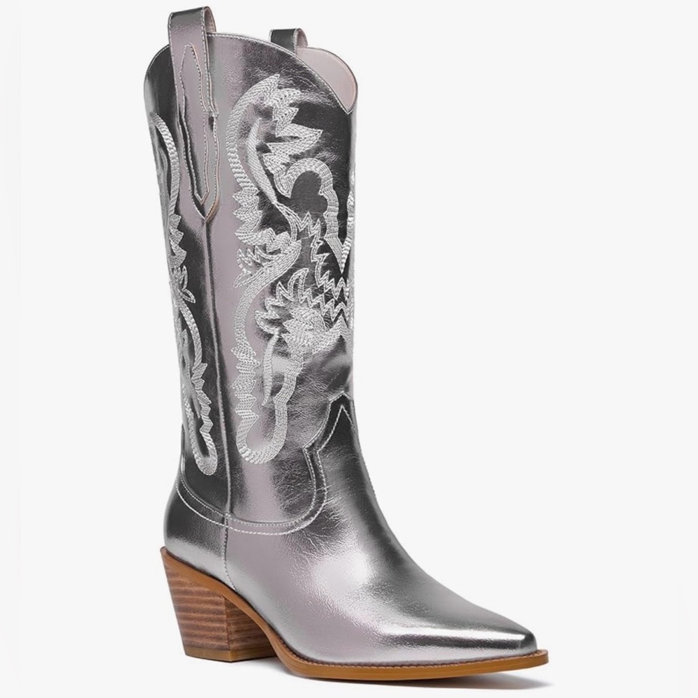 Women's Metallic Mid Calf Cowboy Boots - Picture 2 of 7